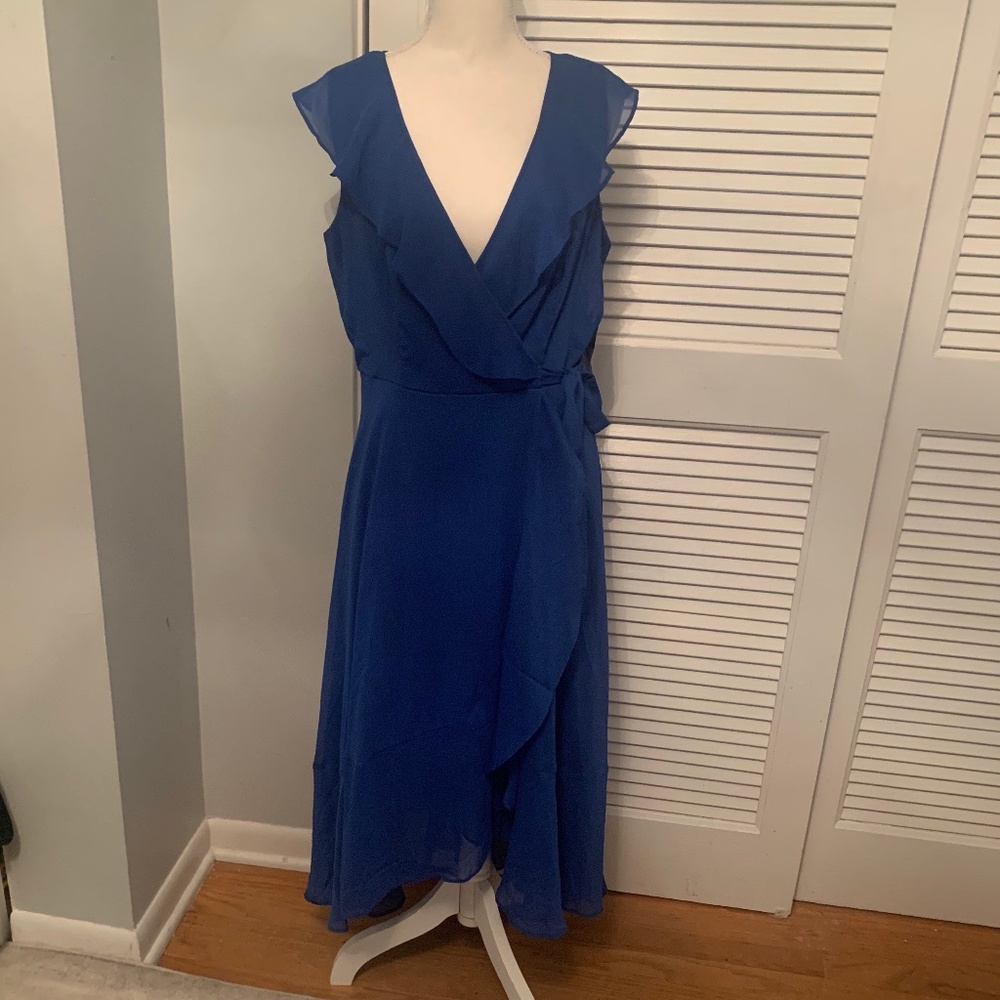 Chaps Blue Flutter Faux Wrap Dress